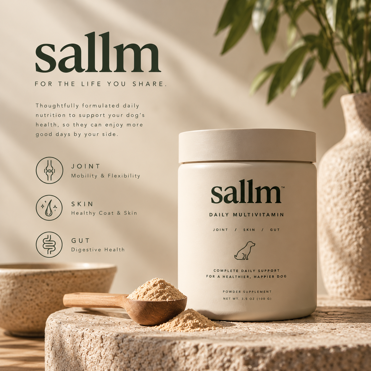 Sallm daily multivitamin powder supplement concept, with joint, skin and gut support messaging. Coming soon.
