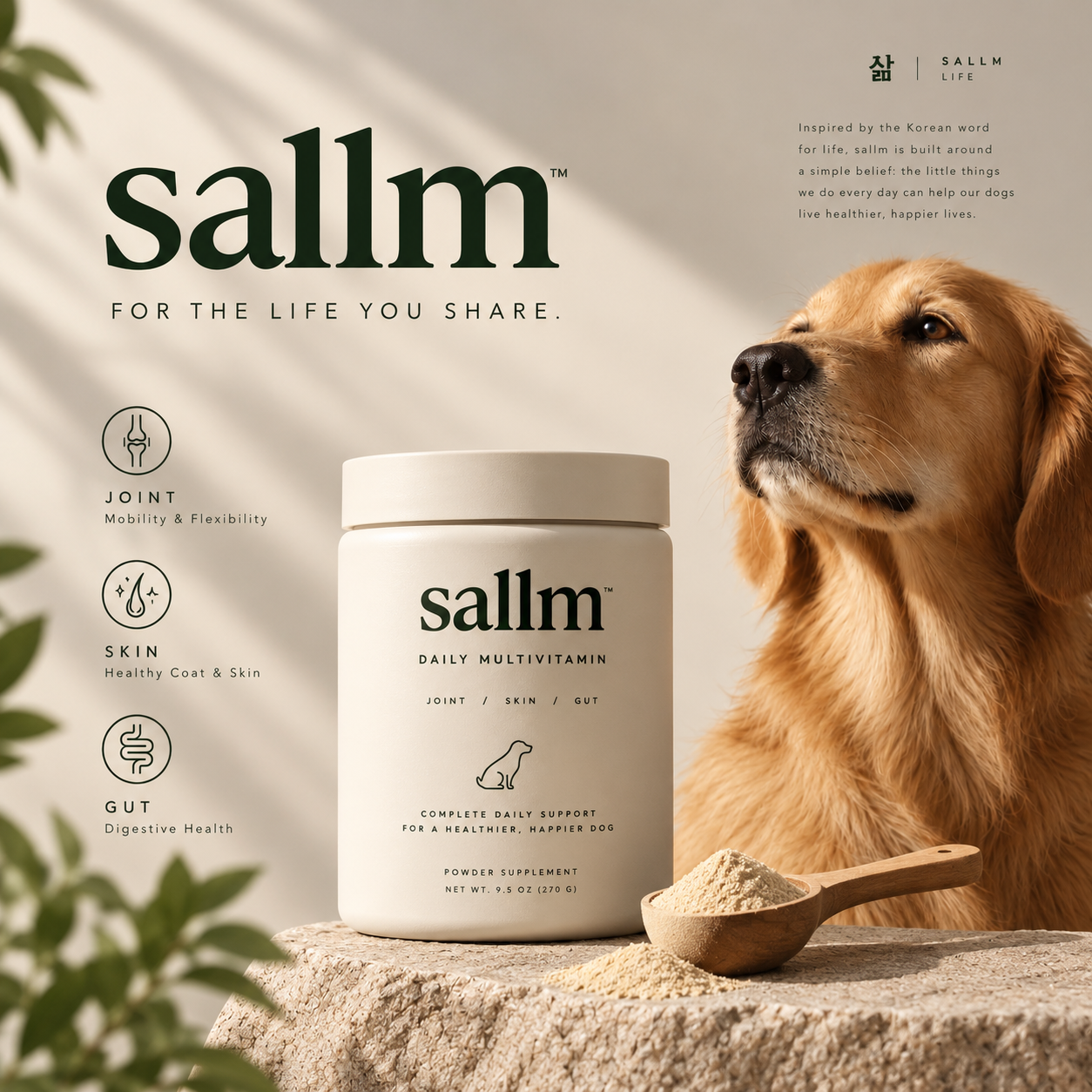 Sallm daily wellness supplement beside a golden retriever, with the brand’s Korean life inspiration and joint, skin and gut messaging.